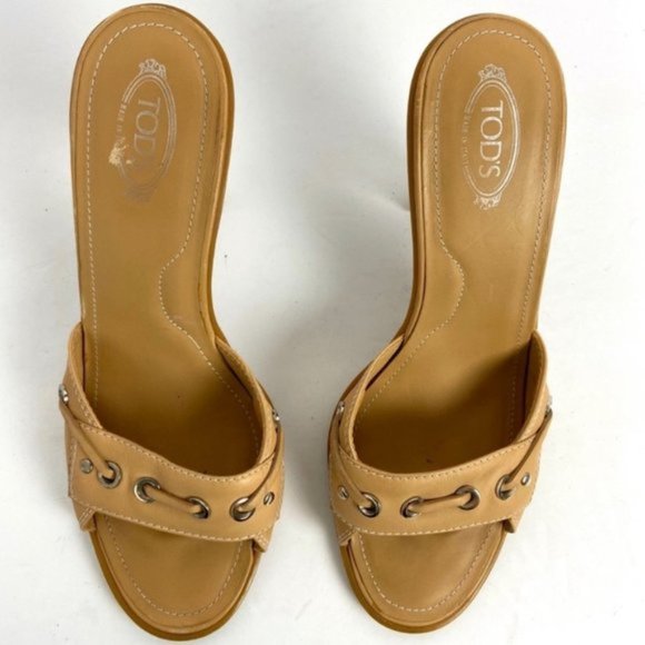 TODS Beige Tan Leather Classic Open Toe Heels Size 8.5 Wooden Block Heel Shoes - Picture 5 of 8